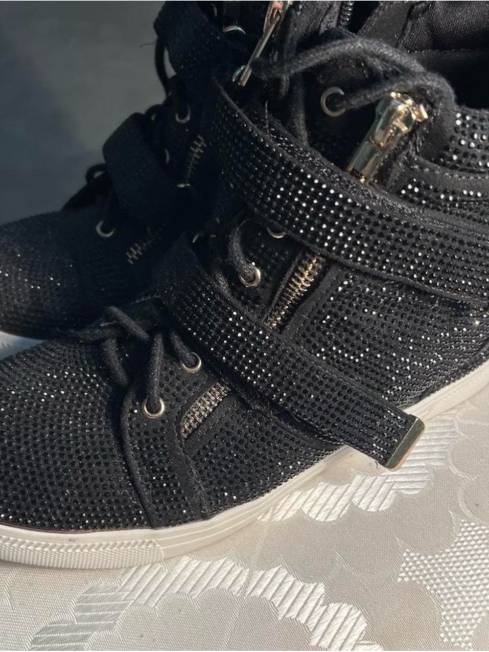 INC International Concepts Black Sparkle High-Top Sneakers with Gold Zippers - Picture 2 of 8